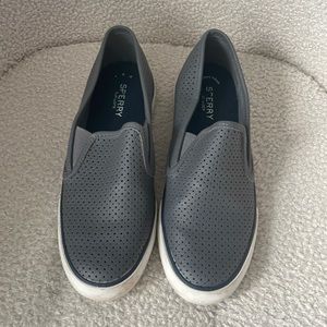 Gently worn charcoal gray Sperry memory foam slip on sneakers